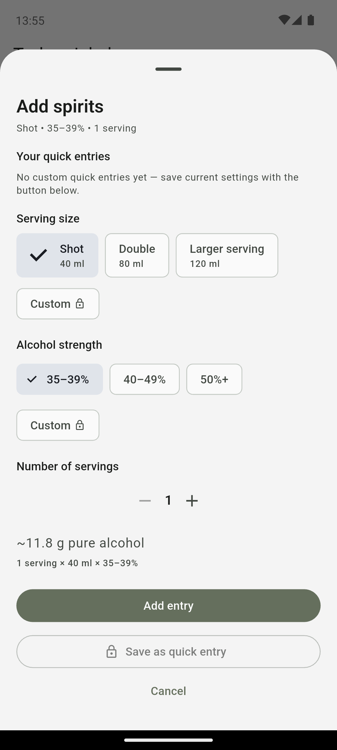 QS AlcoRhythm add entry screen