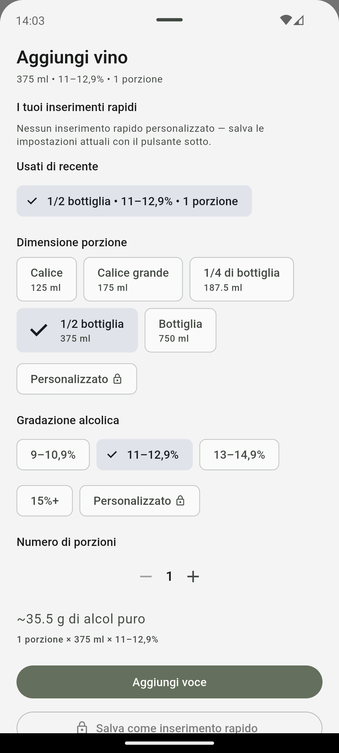 Schermata di aggiunta voce QS AlcoRhythm