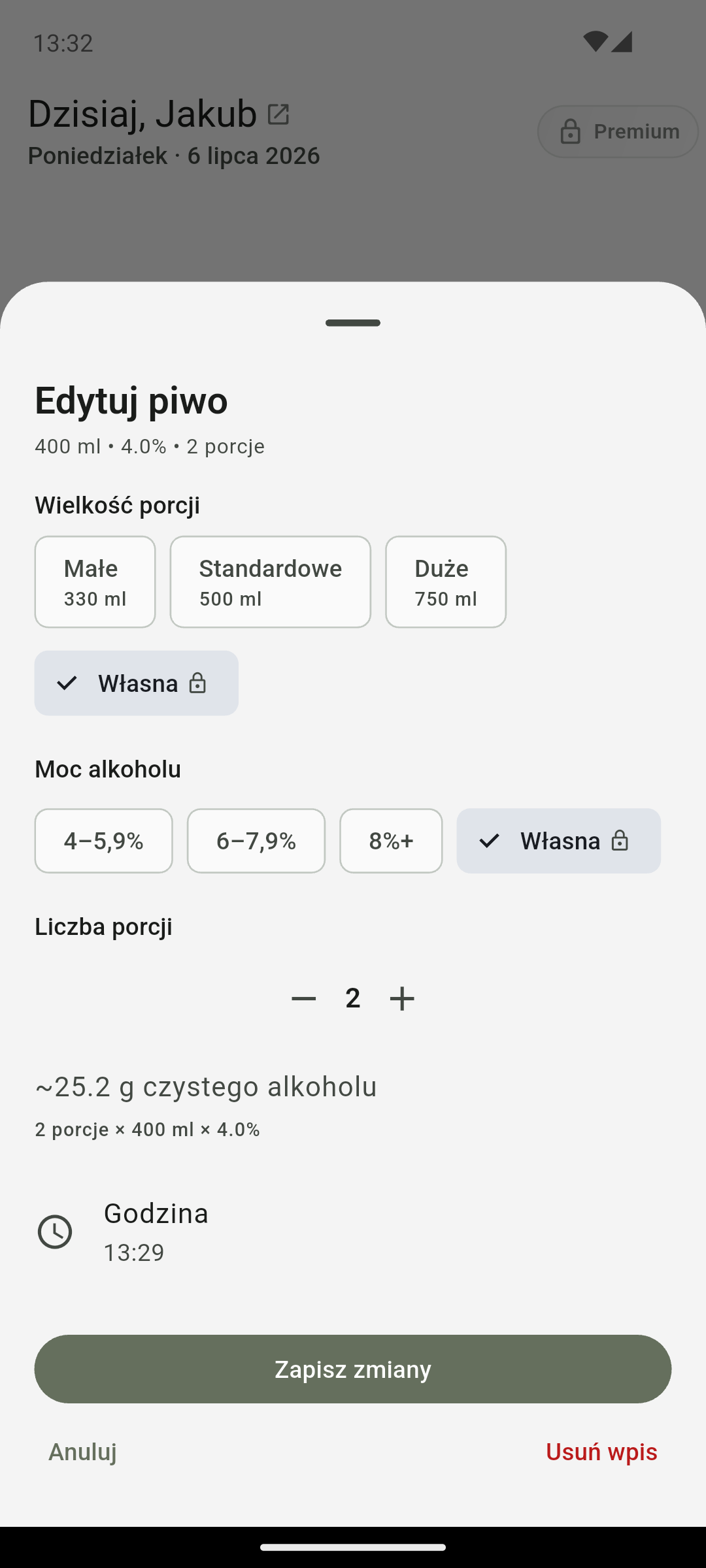 Ekran dodawania wpisu QS AlcoRhythm