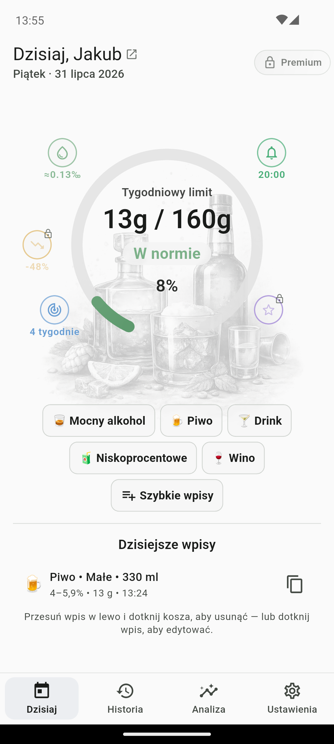 Ekran dzisiejszych wpisów QS AlcoRhythm