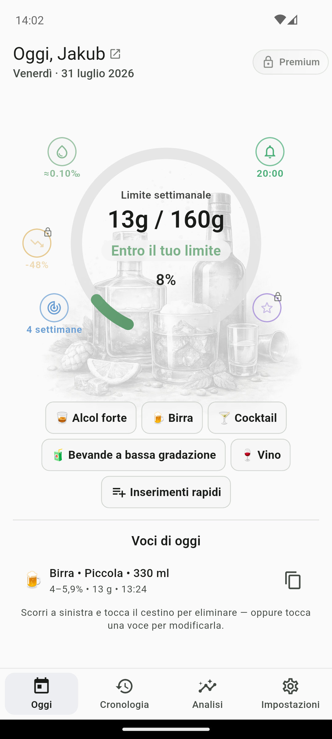 Schermata delle voci di oggi QS AlcoRhythm