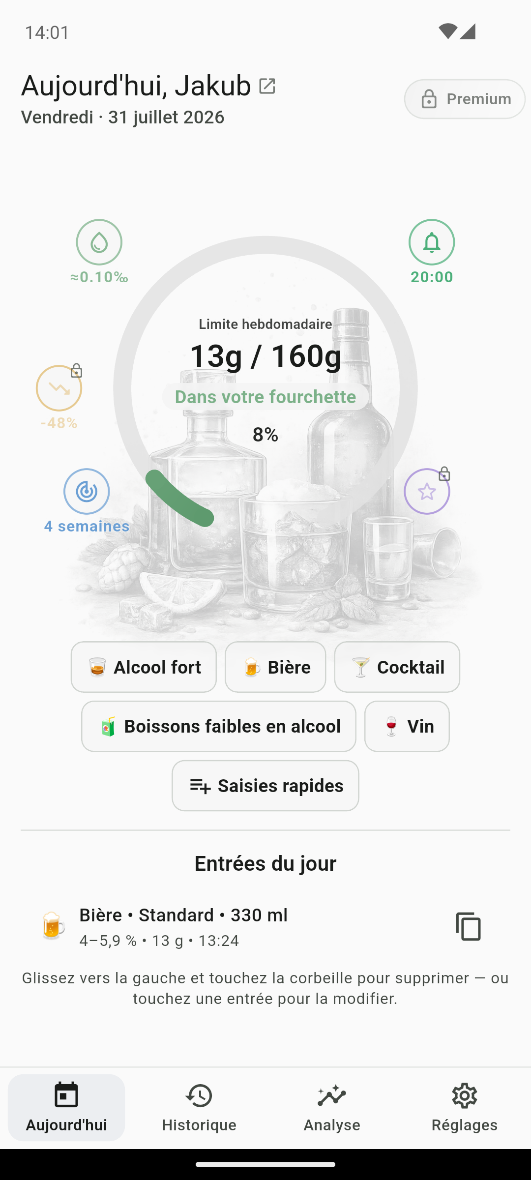 Écran des entrées du jour QS AlcoRhythm