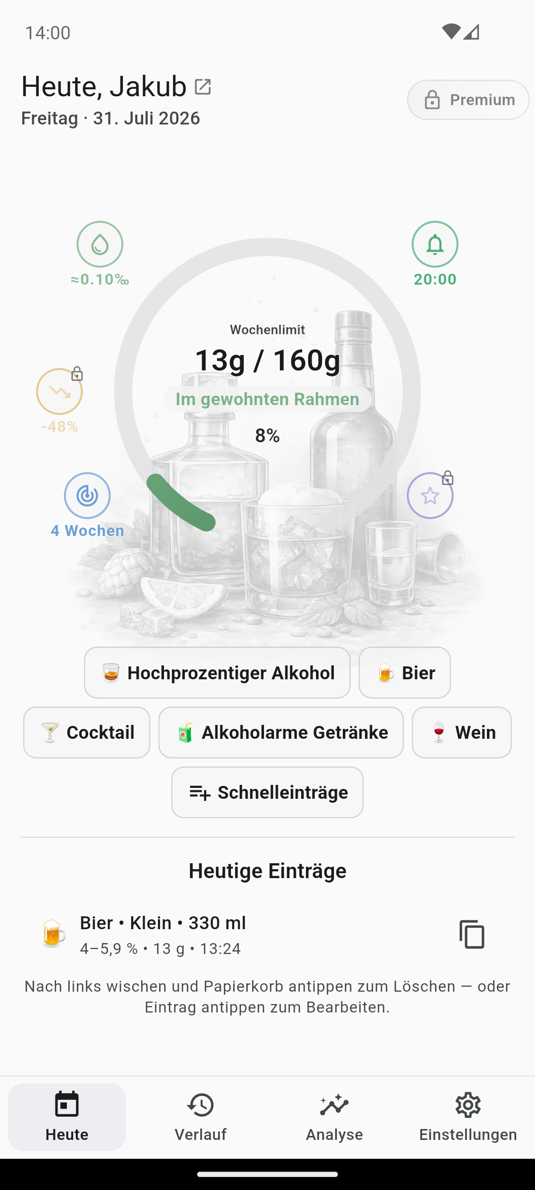 QS AlcoRhythm Bildschirm mit heutigen Einträgen