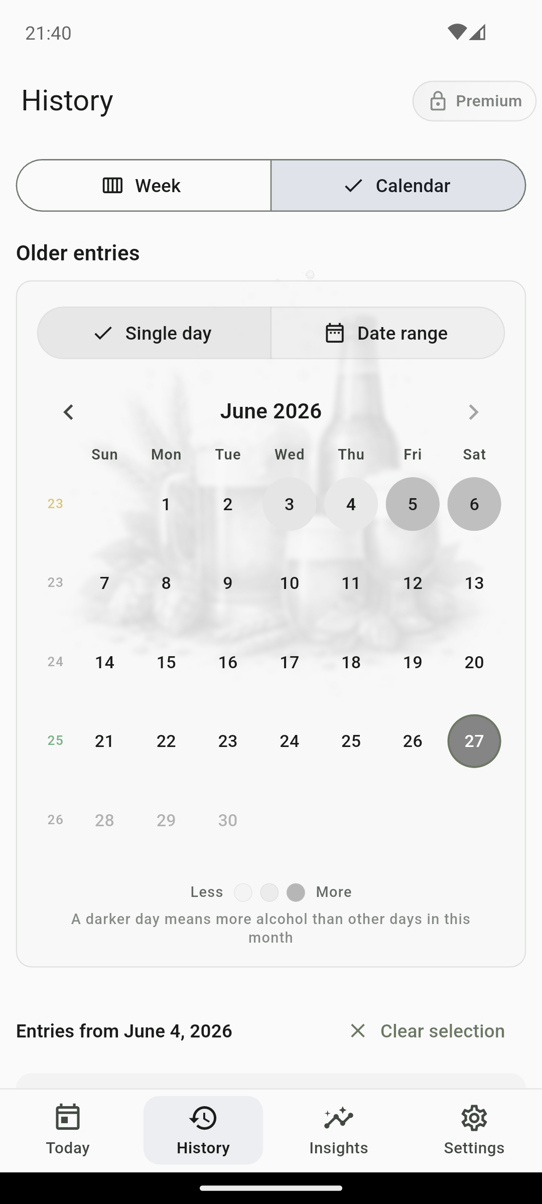 QS AlcoRhythm history calendar