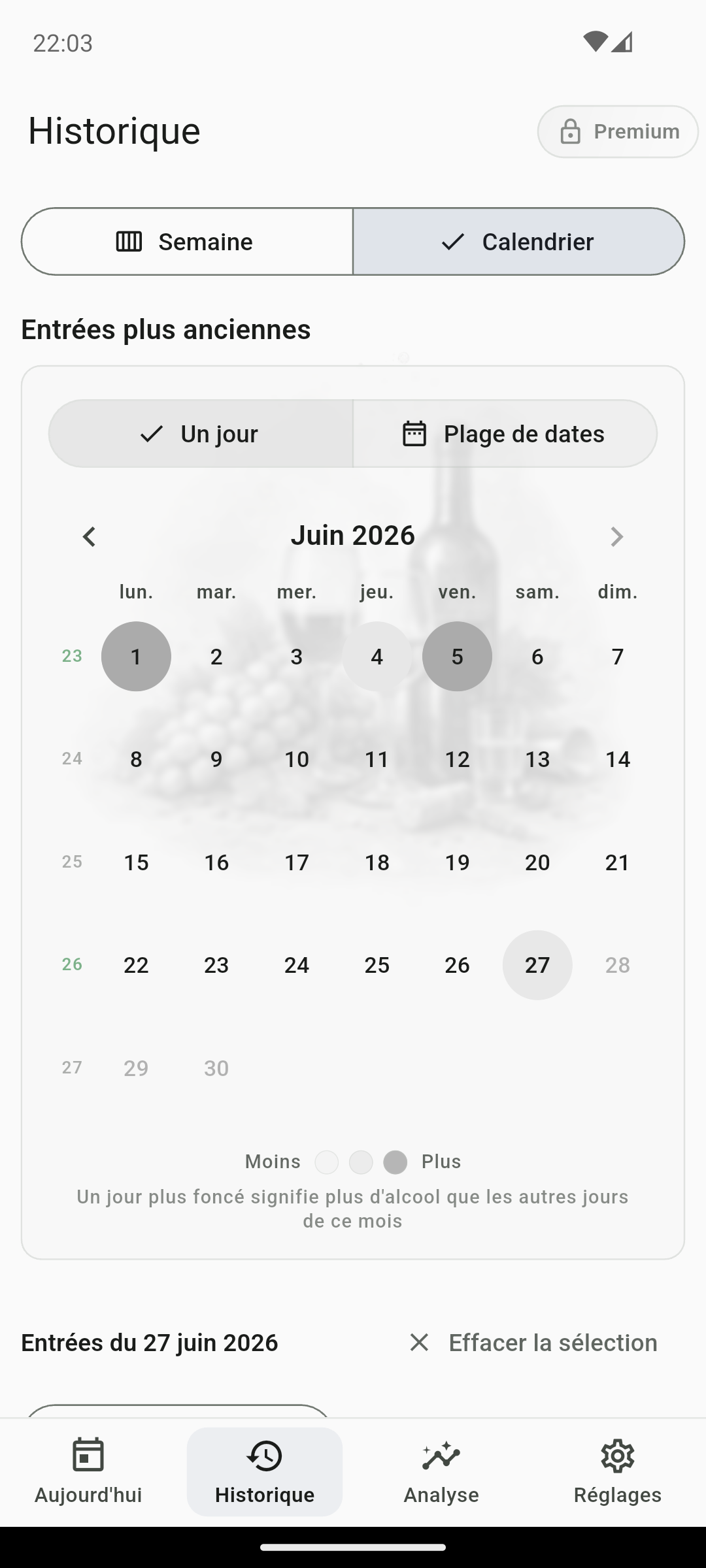 Calendrier d'historique QS AlcoRhythm