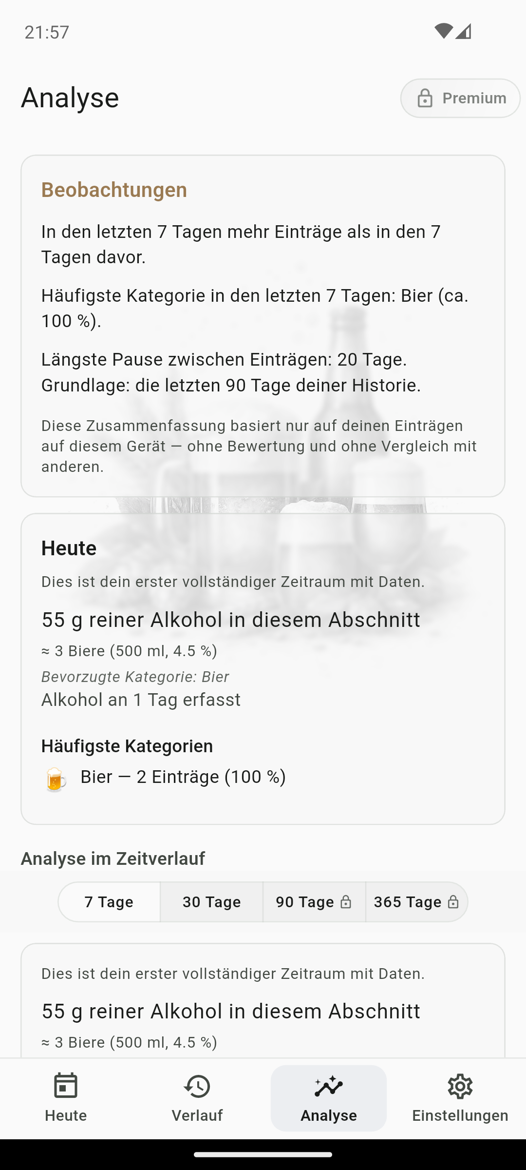 QS AlcoRhythm Bildschirm zur Eintragsanalyse