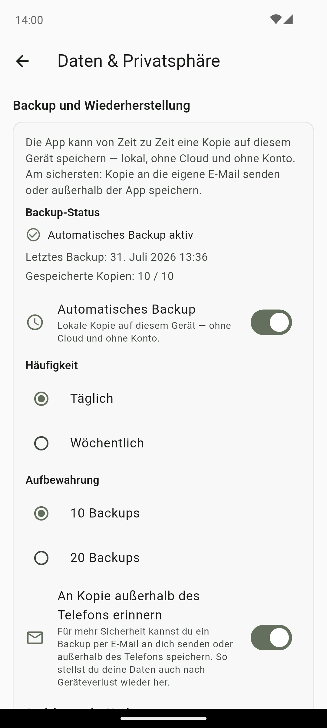 QS AlcoRhythm — Bildschirm für Backup und Wiederherstellung
