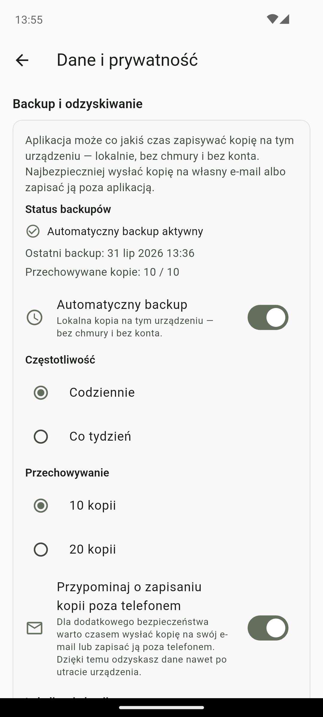 Ekran backupu i przywracania QS AlcoRhythm