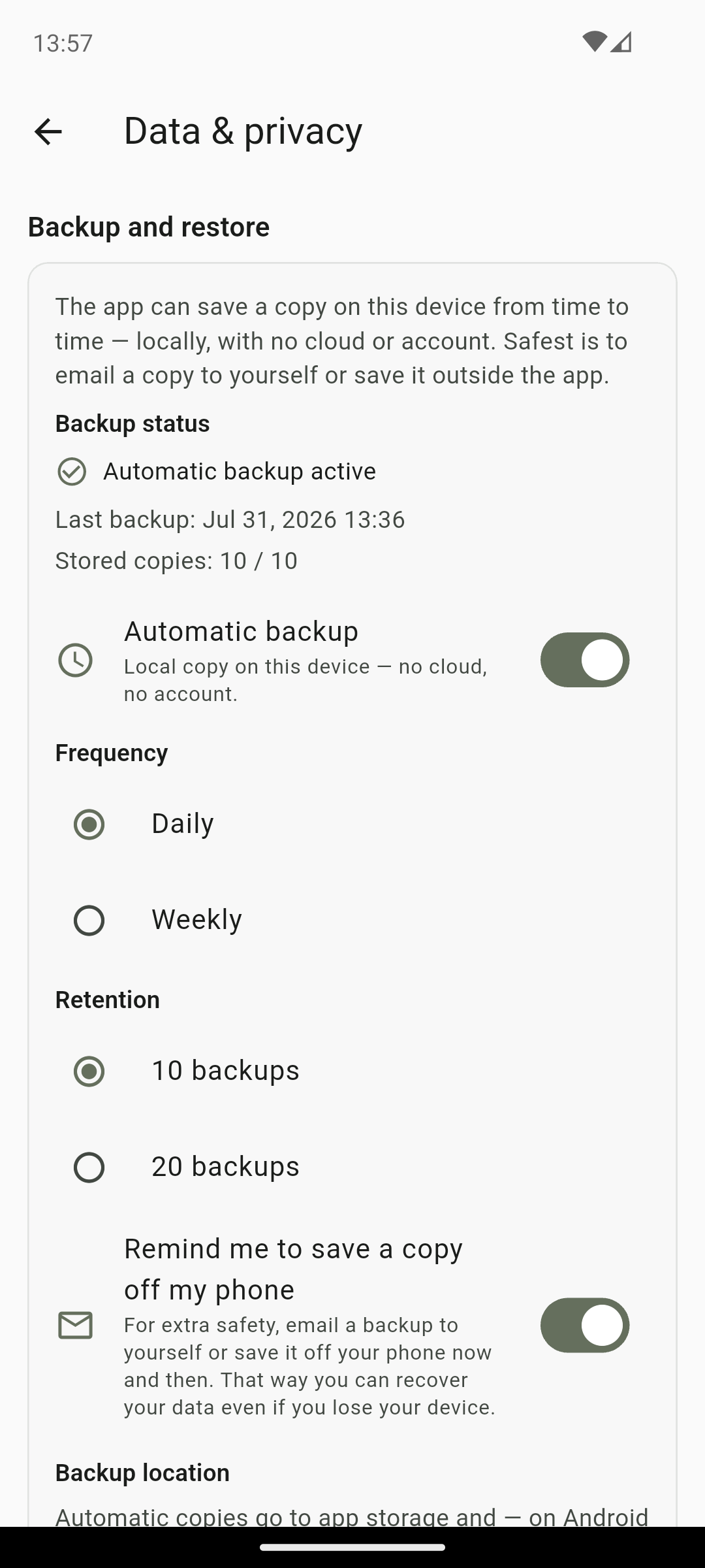 QS AlcoRhythm backup and restore screen