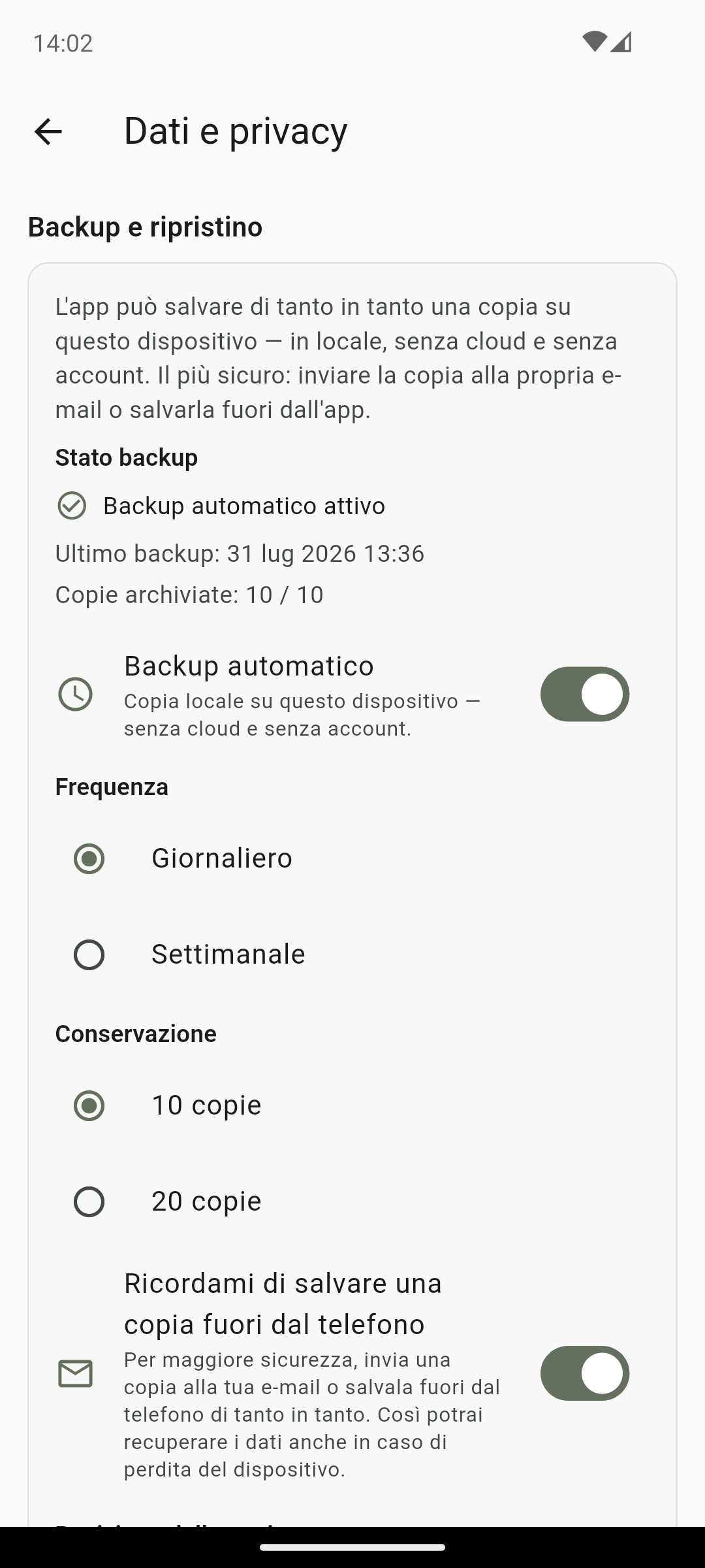 Schermata di backup e ripristino QS AlcoRhythm