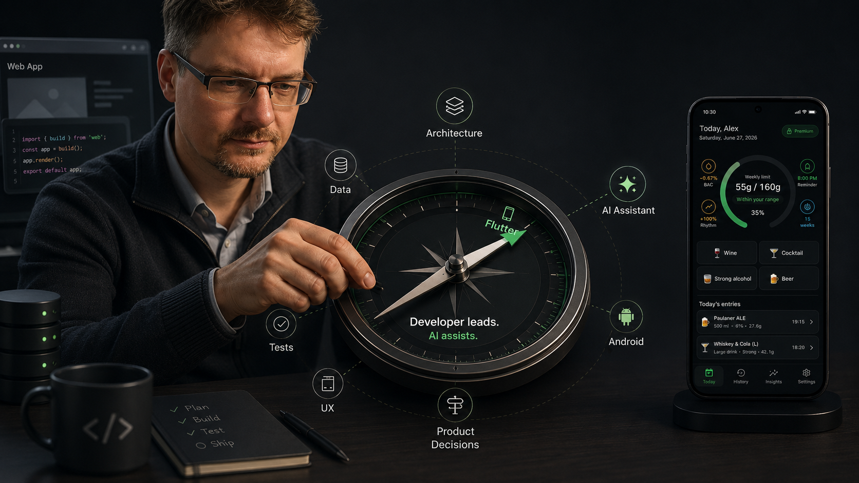 Illustration : boussole QbaSoft — direction entre pages web et applications mobiles