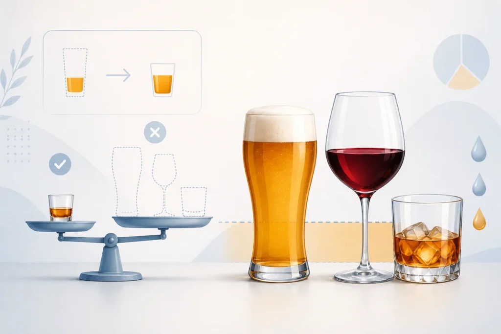 Illustration comparant une portion standard et la quantité réelle d’alcool